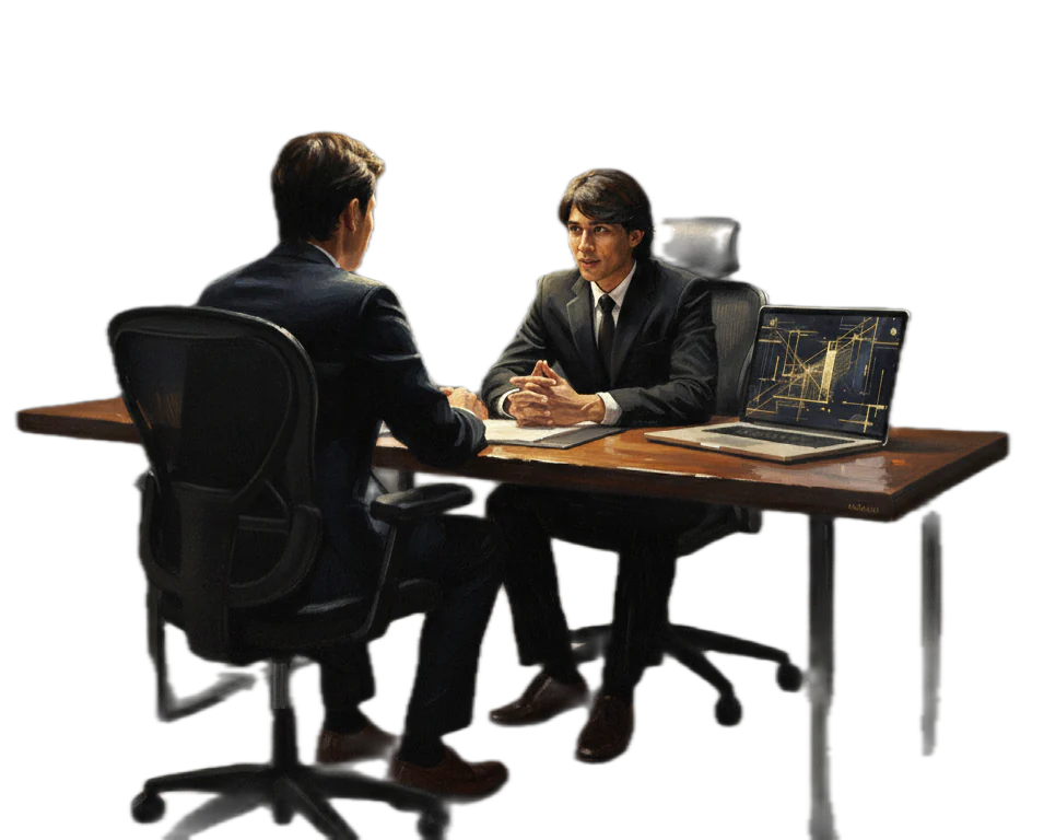 A client and a strategist talking across a desk