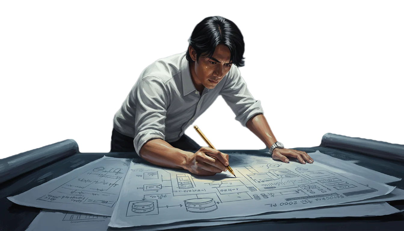 A designer sketching wireframes on large paper sheets