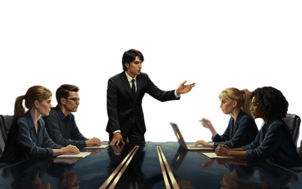 A team lead presenting to colleagues around a table