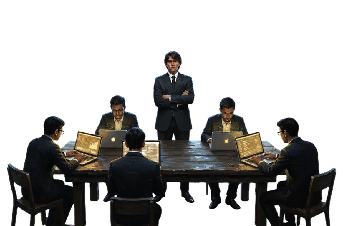 Developers building on laptops around a long table
