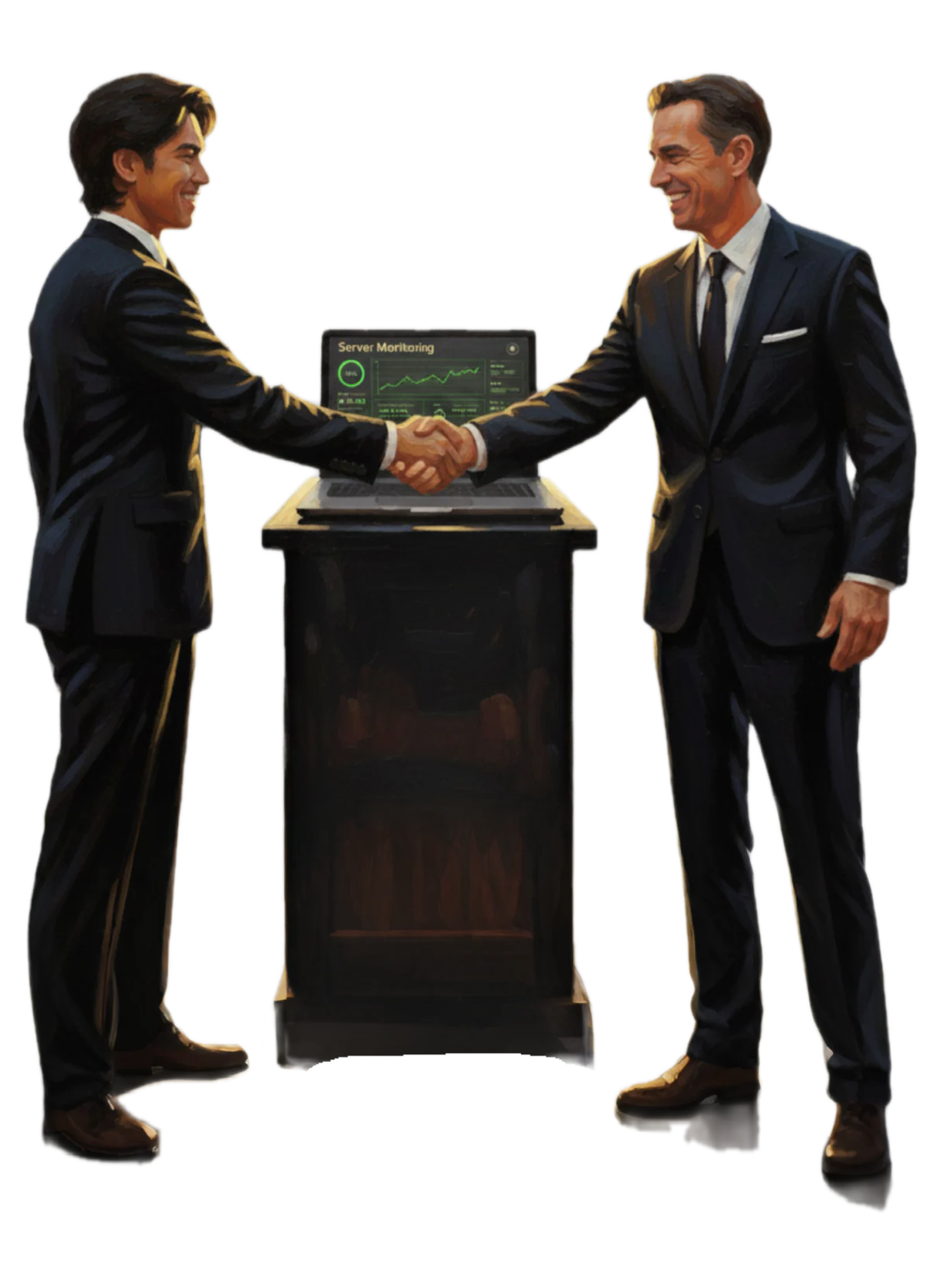Two people shaking hands beside a podium at launch