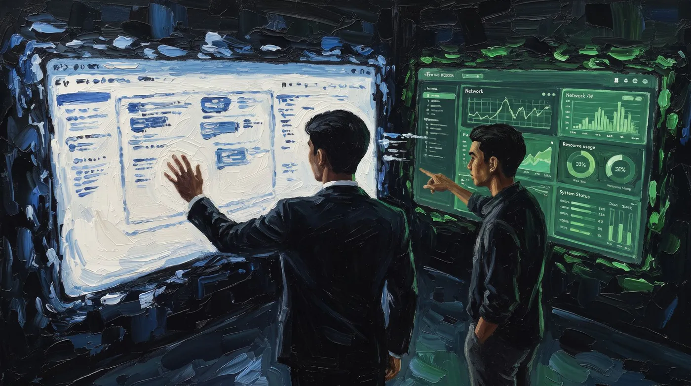 Two people reviewing system dashboards on large screens